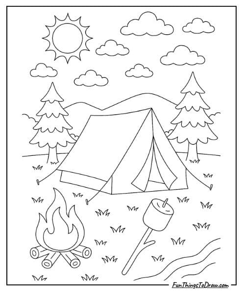 Summer camping tent coloring page