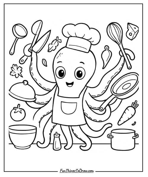 Octopus chef coloring page