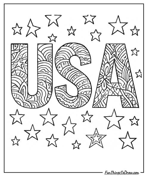 Fourth of July Coloring Page - USA letters with zentangle patterns