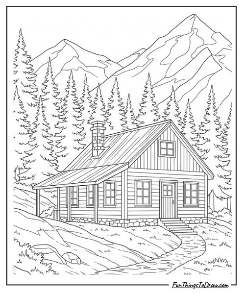 Mountain cabin coloring page