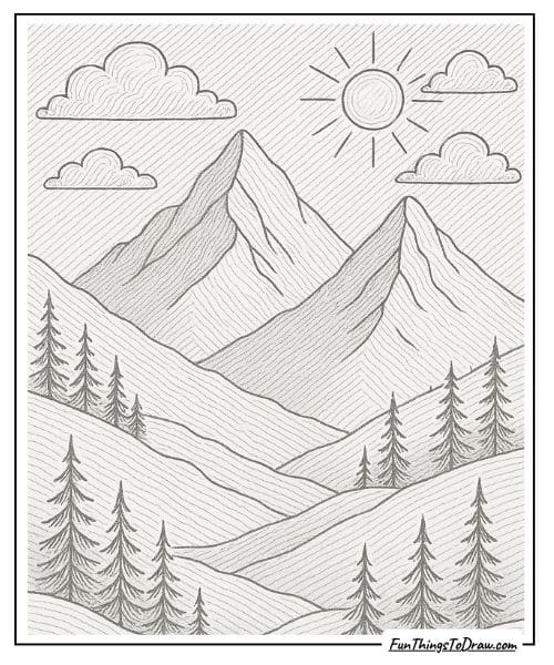Mountain Landscape Coloring Page for Adults