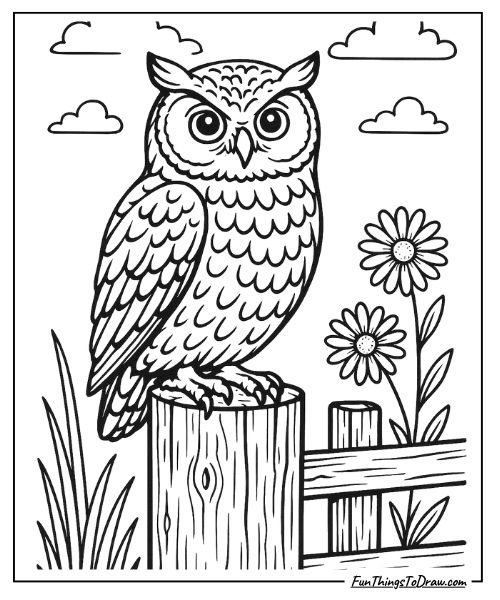 Owl perched on a fence post coloring page