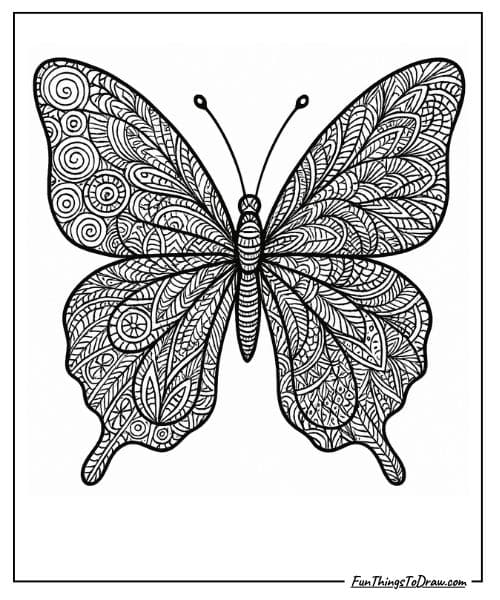 Butterfly Wings with Zentangle Patterns Coloring Page