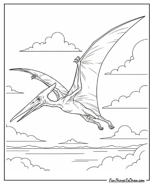 Pteranodon soaring through the sky coloring page