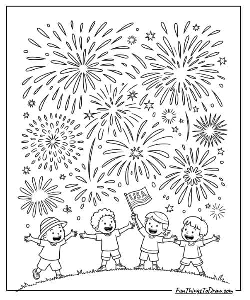 Independence Day Coloring Pages - Kids watching fireworks