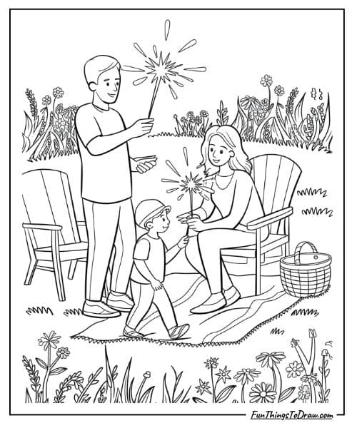 Family picnic with sparklers coloring sheet