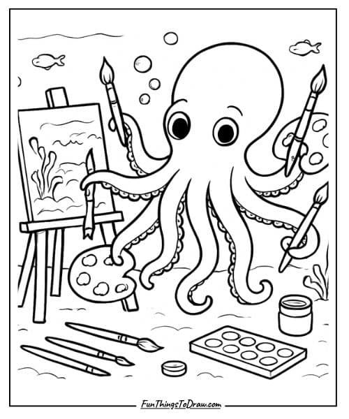 Easy coloring page of Octopus as an artist