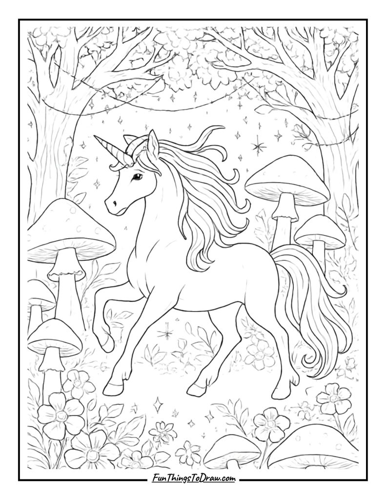 Magical Forest Unicorn Coloring Page