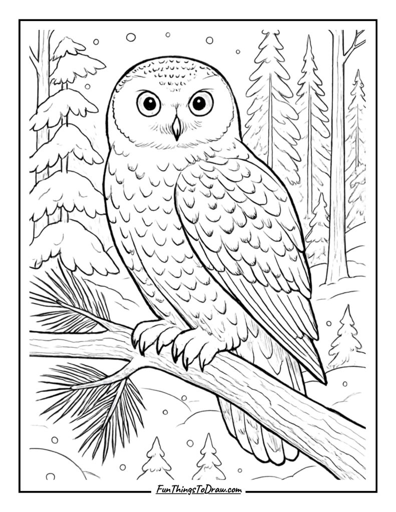 Snowy Owl in a Winter Forest Coloring Page