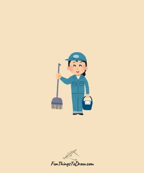 Female cleaner with broom and cloth
