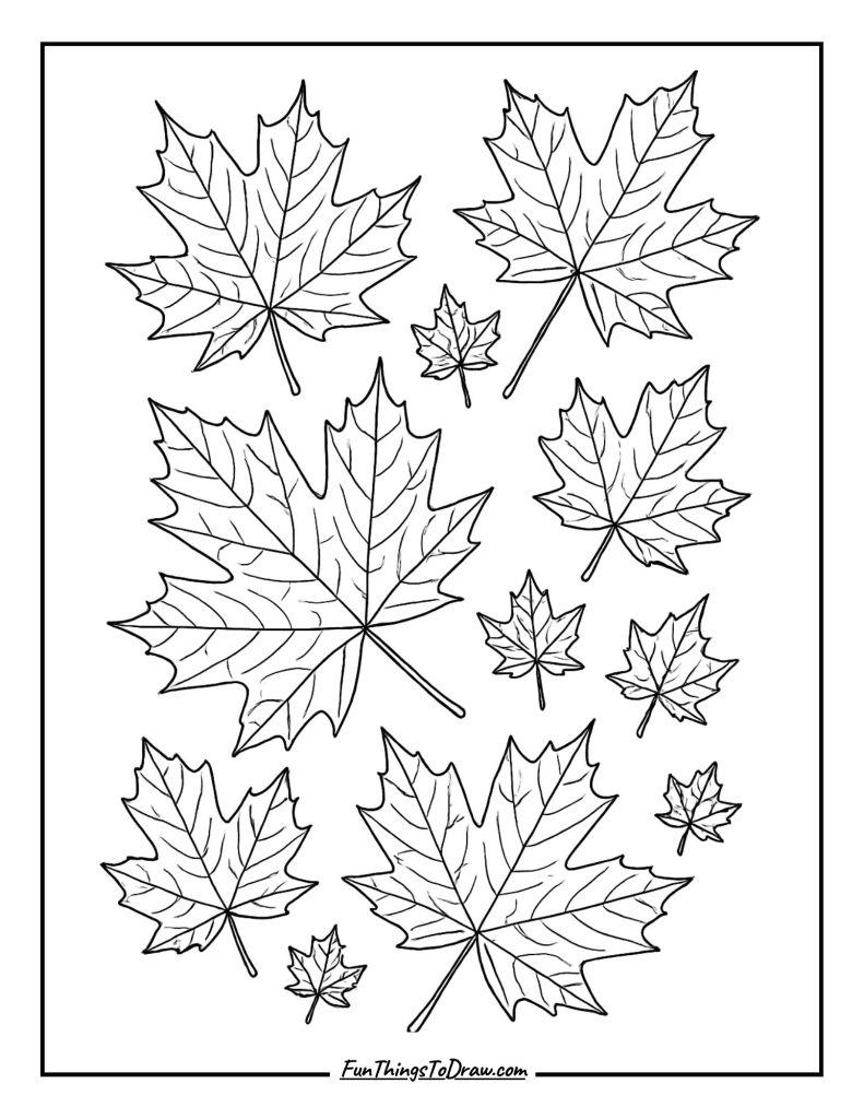 Maple leaves in various sizes and intricate vein patterns coloring page