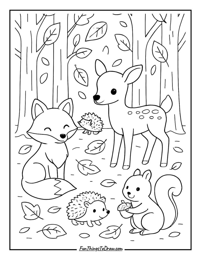Autumn forest scene with tall trees and woodland creatures coloring page