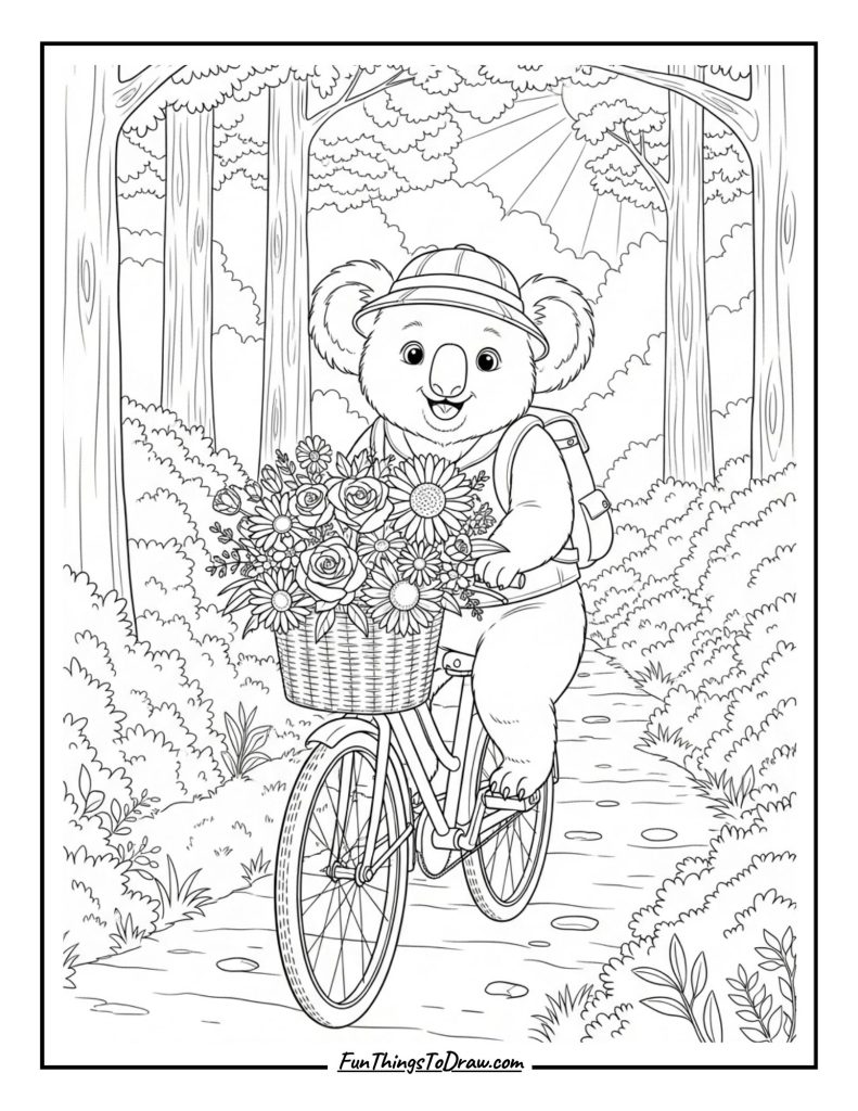Koala on a Bicycle Coloring Page
