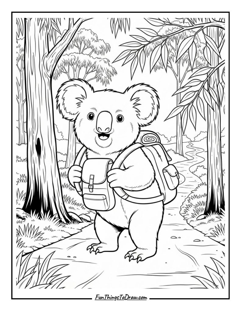 Koala with a Backpack Coloring Page