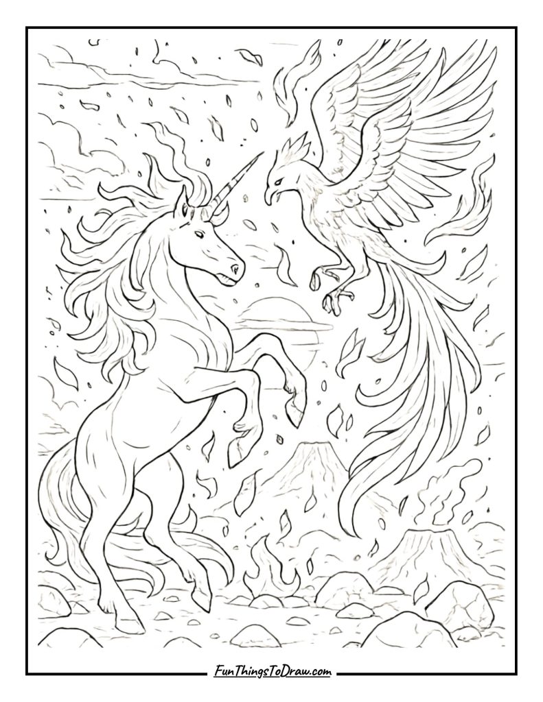 Phoenix Fire Unicorn Coloring Page