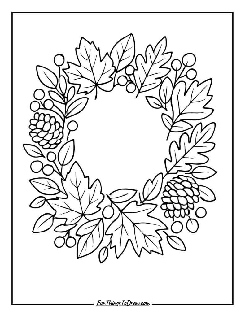 Autumn wreath made of leaves, berries, and pinecones coloring page