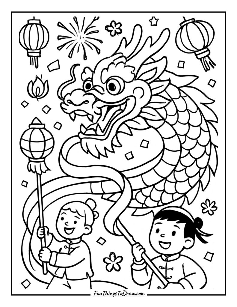 Chinese New Year Dragon Dance Coloring Sheet