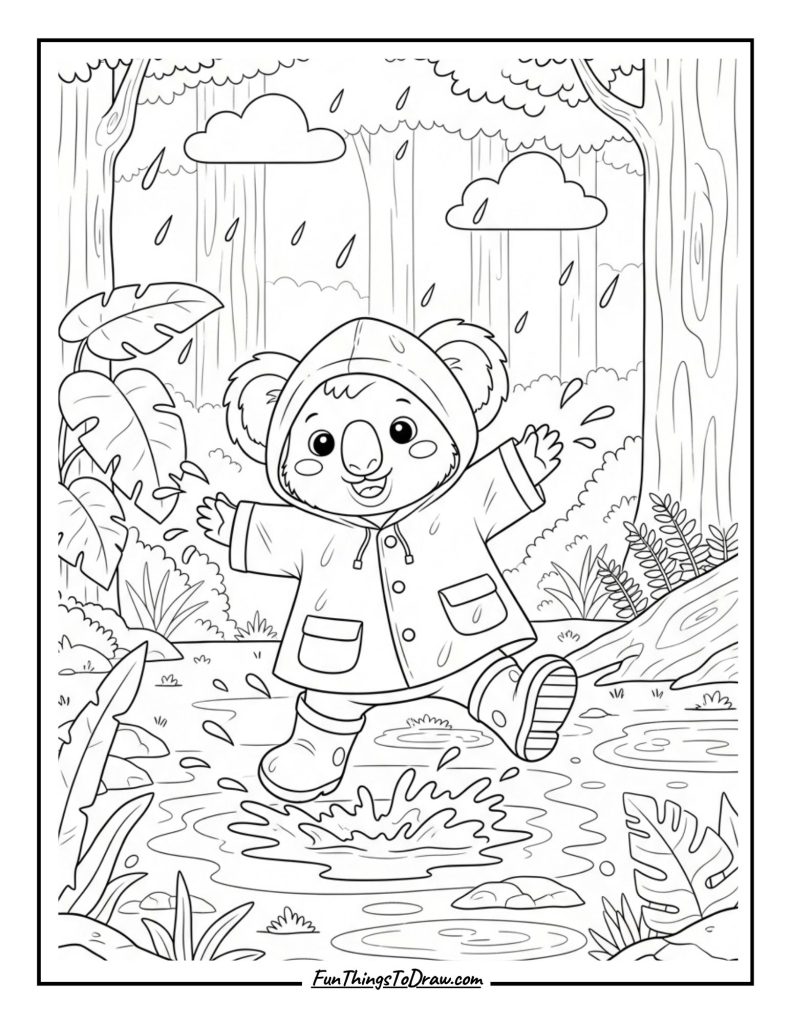 Koala in a Raincoat Coloring Page
