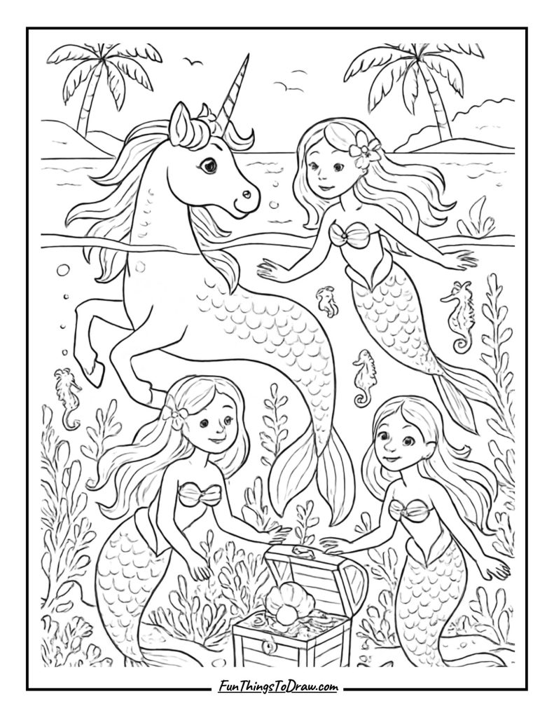 Mermaid Lagoon Unicorn Coloring Page