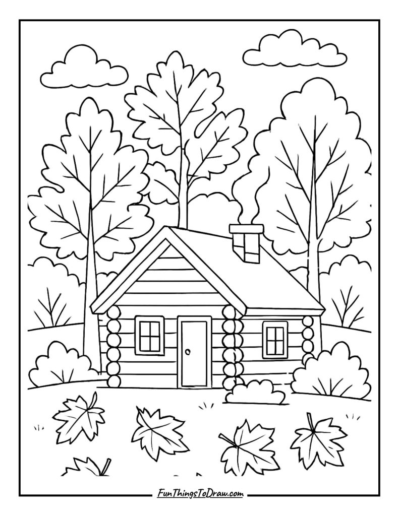 Cozy cabin surrounded by fall foliage coloring page