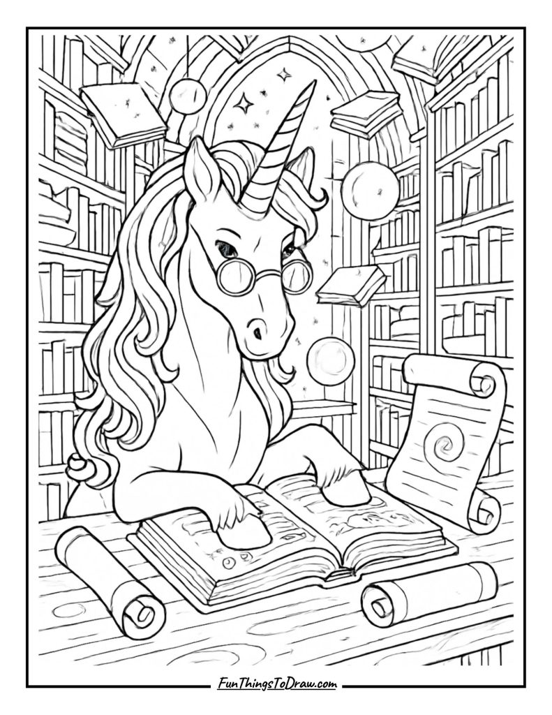 Coloring Page of Enchanted Library Unicorn