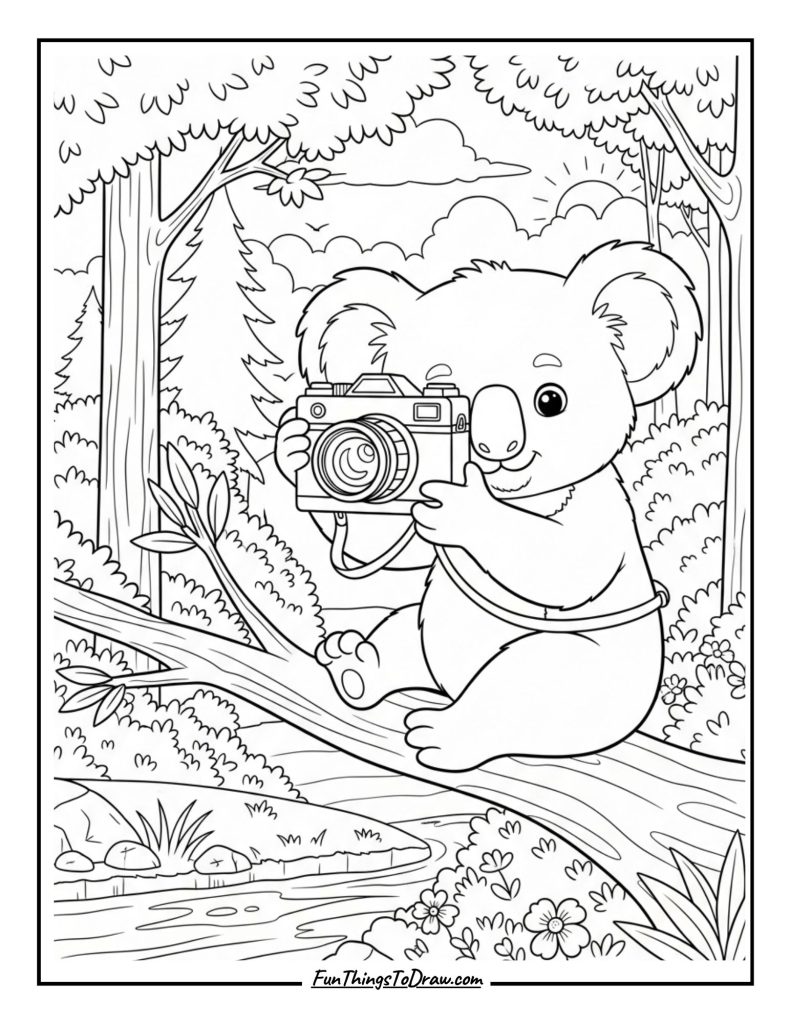 Koala with a Camera Coloring Sheet