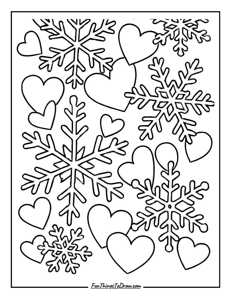 Snowflakes and hearts in February Coloring Page