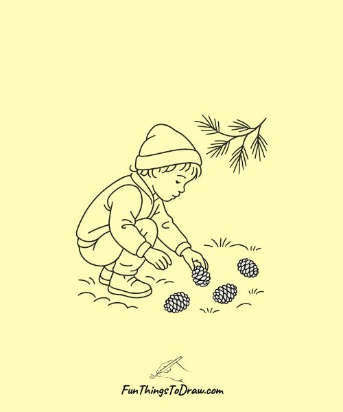 Drawing of Child Collecting Pine Cones