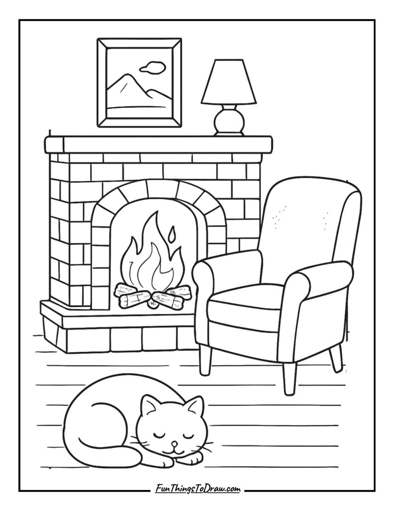 Cozy Fireplace Scene Coloring Idea