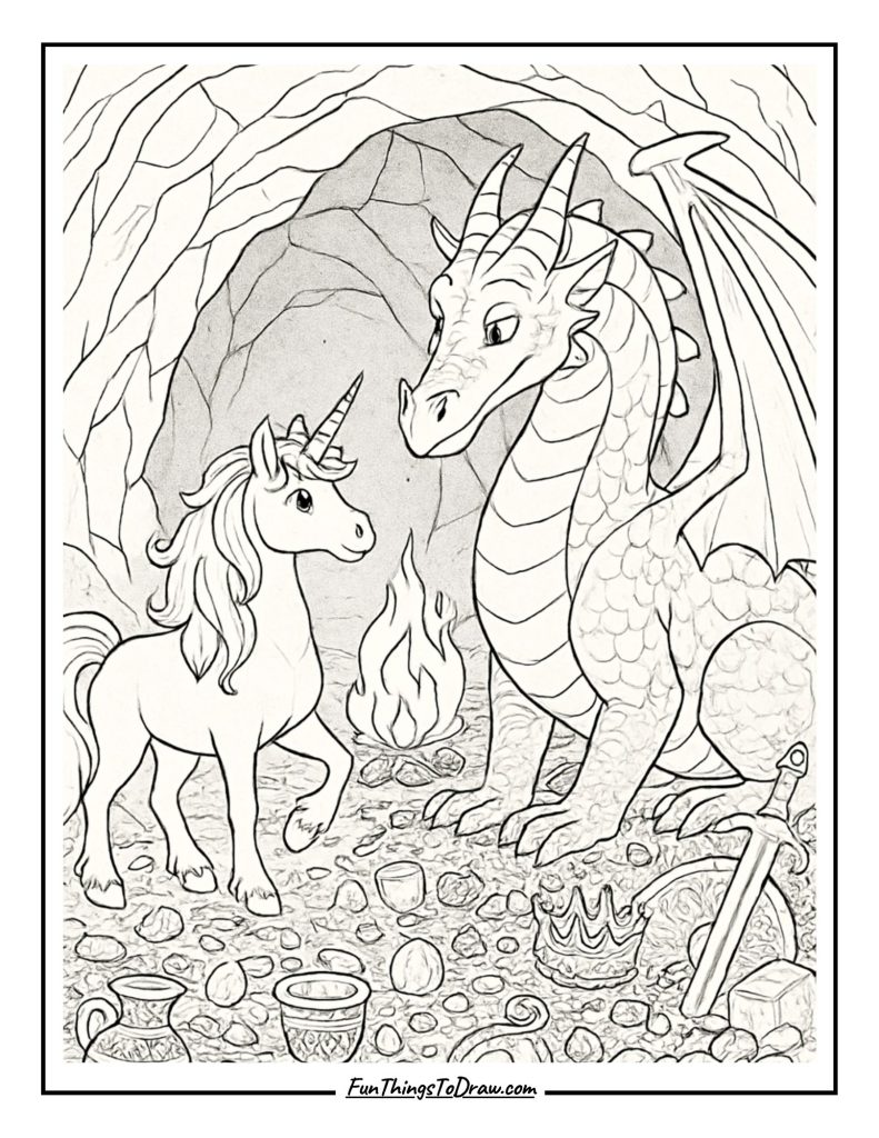Dragon Friend Unicorn Coloring Page