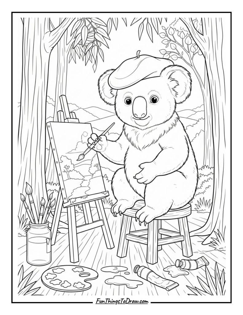 Koala Painting a Canvas Coloring Page