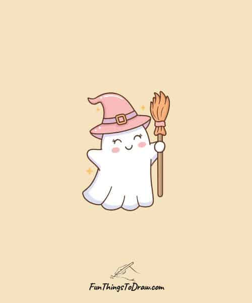 Cute ghost holding broom drawing