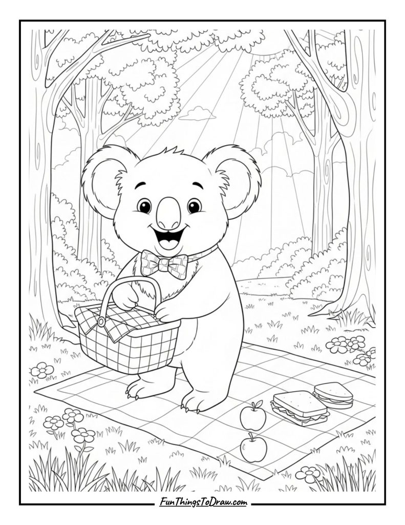 Koala with a Picnic Basket Coloring Page