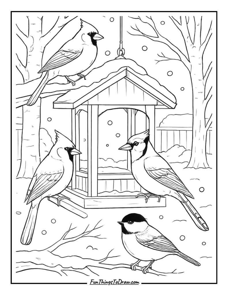 Winter Birds on a Feeder Coloring Page
