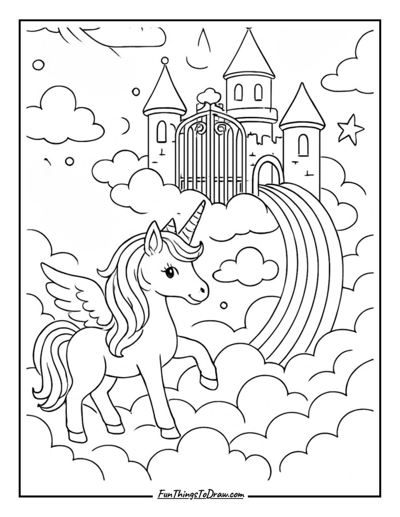 Cloud Castle Unicorn Coloring page