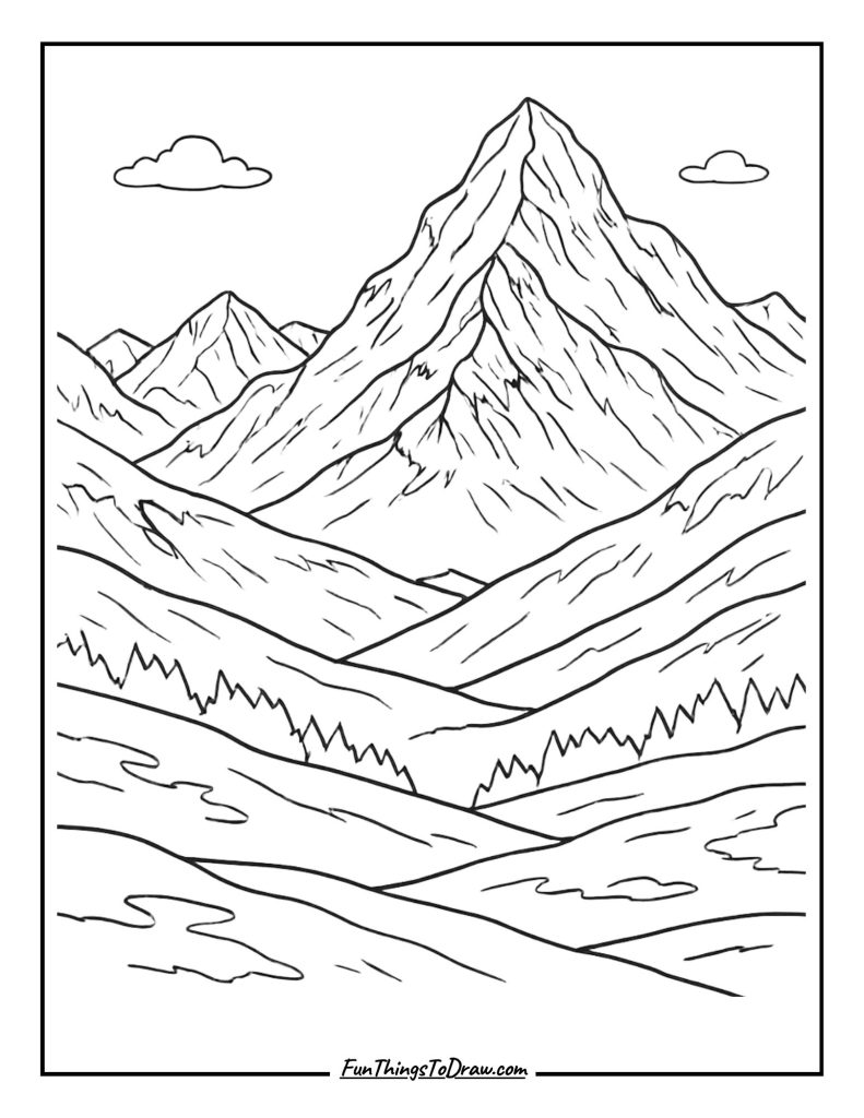 Snowy Mountain Landscape Coloring Sheet