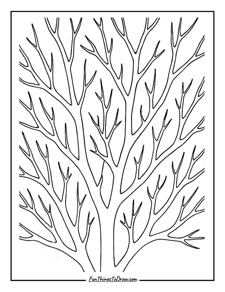 Coloring page of Bare tree branches creating silhouettes