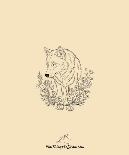 Easy Drawing of wolf and flowers