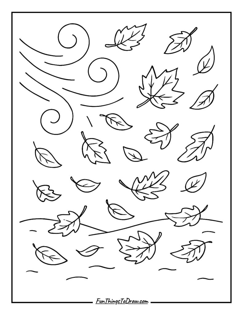 November wind blowing leaves in swirling patterns coloring page