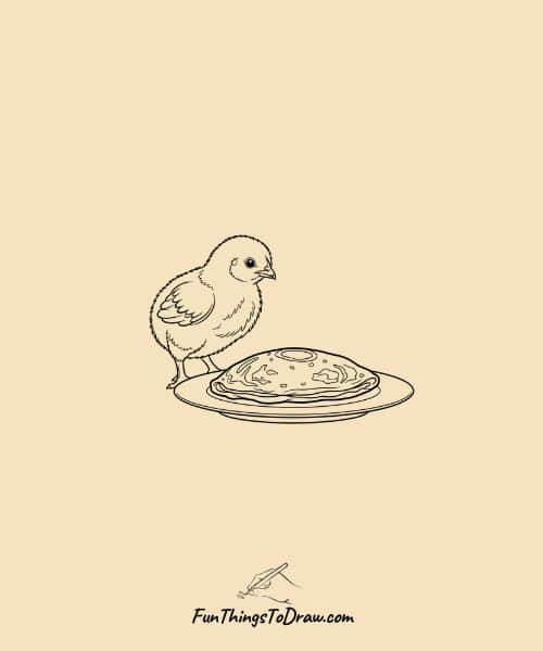 Drawing of Chick Standing Near Omelette