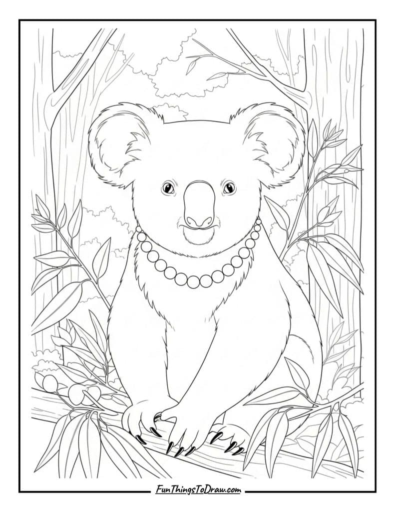 Coloring Page of Koala with a Pearl Necklace