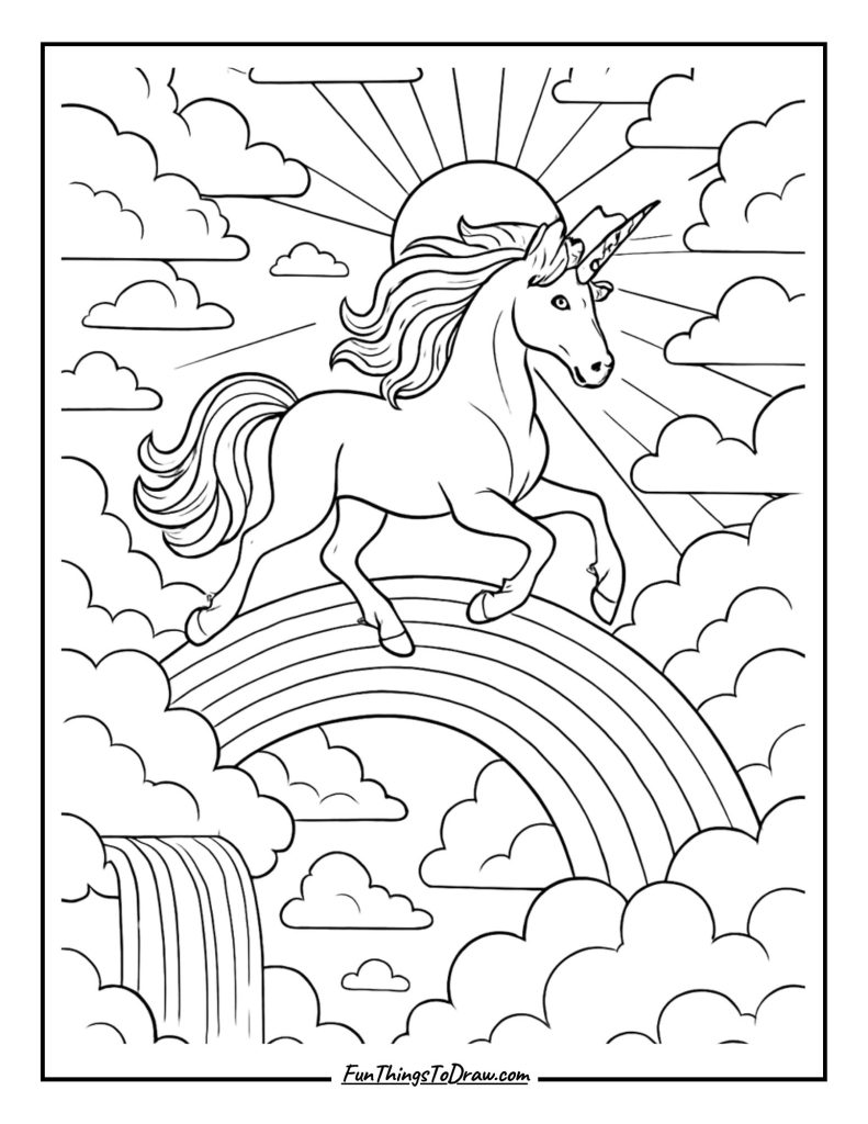 Rainbow Bridge Unicorn Coloring Page