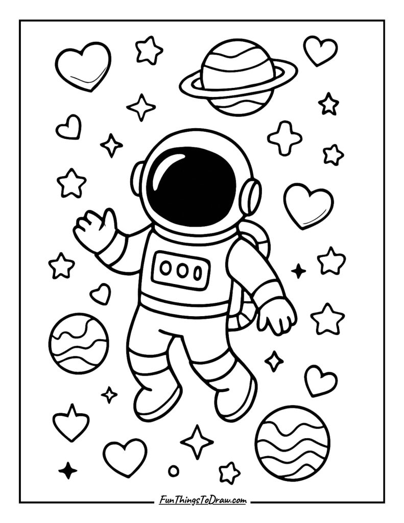 Astronaut Floating with Heart-Shaped Planets Coloring Page