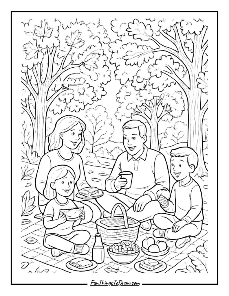 Autumn Picnic Scene coloring page