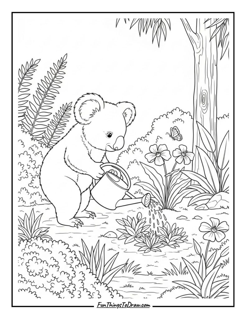 Koala with a Watering Can Coloring Page