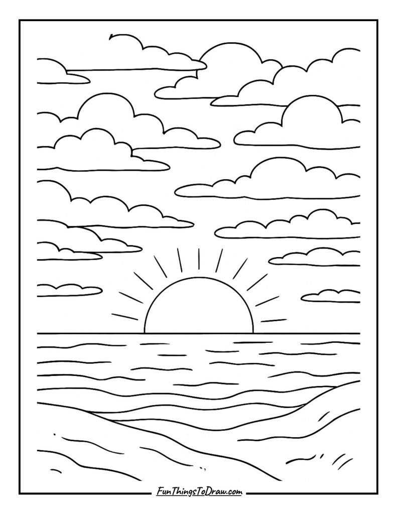 November sunset with layered clouds and horizon details coloring page