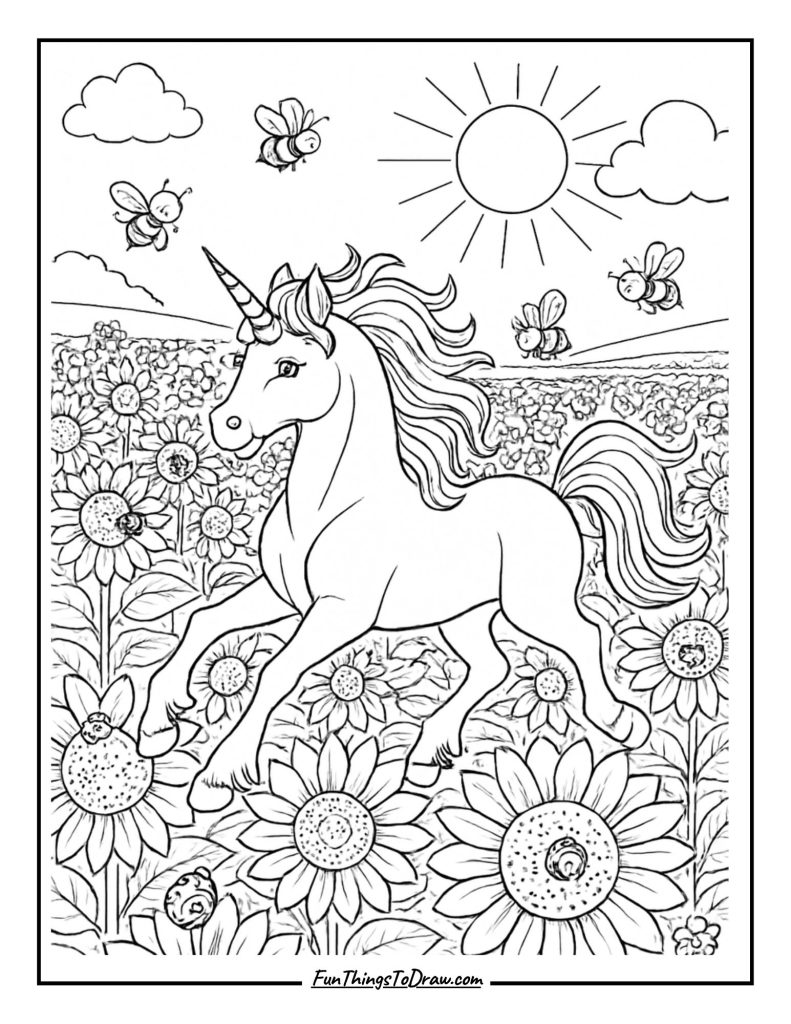 Unicorn in Sunflower Field Coloring Page
