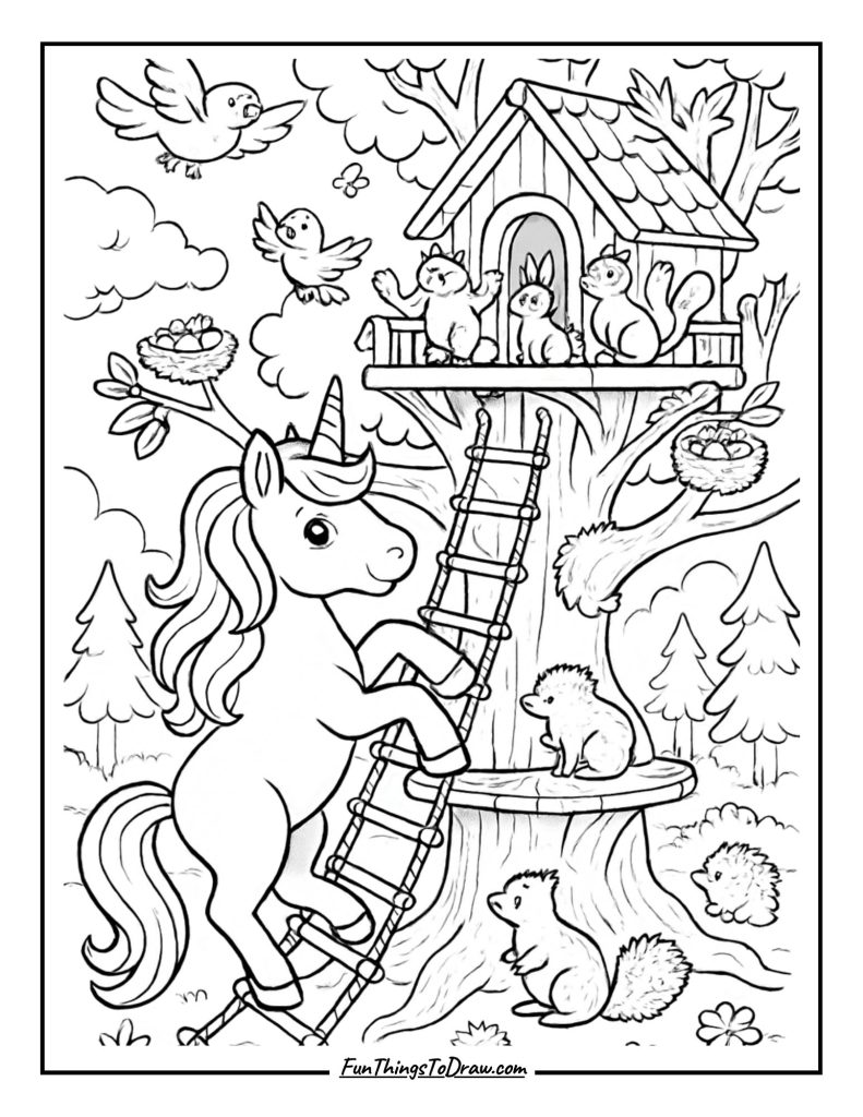 Treehouse Unicorn Coloring Page