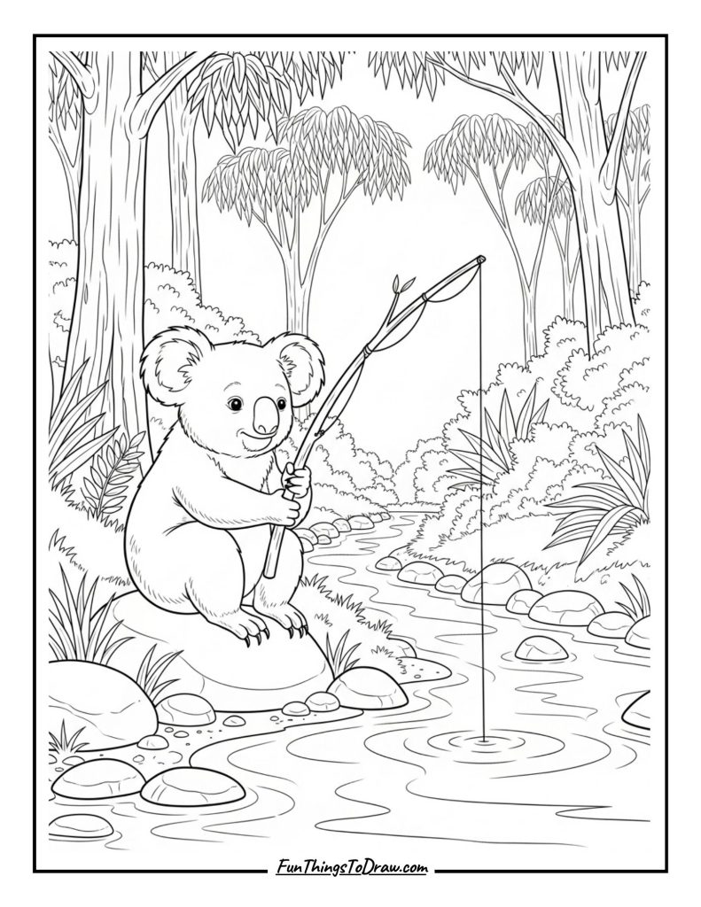 Koala with a Fishing Rod Coloring Page