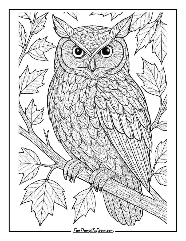 Owl in Autumn Tree Coloring Page